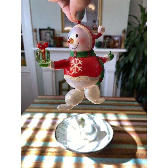 VINTAGE Blown Glass Snowman Figure Christmas Winter Jolly Snowflake Scarf Retro - Picture 2 of 16